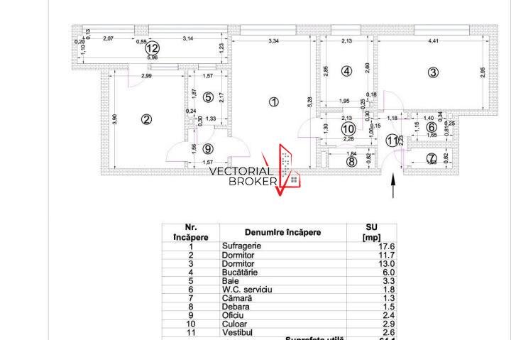 Baba Novac Parc 3 camere semidecomandate, et. 7,  2 bai, fara imbunatatiri, 71mp,